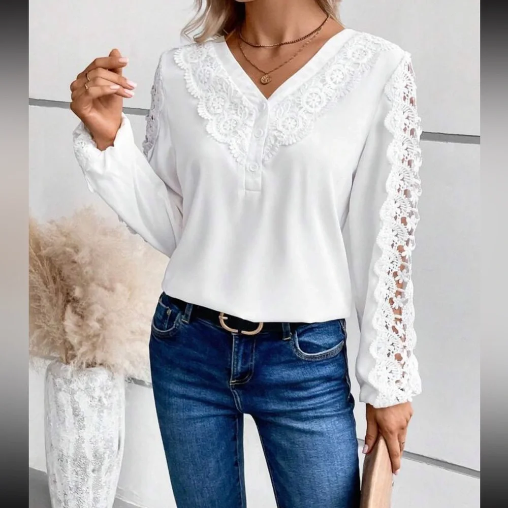 Luxe lace detail V neck blouse
